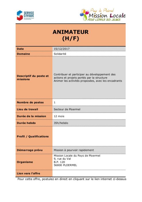 Pays de Ploërmel. Les offres d'emploi de la Mission Locale 