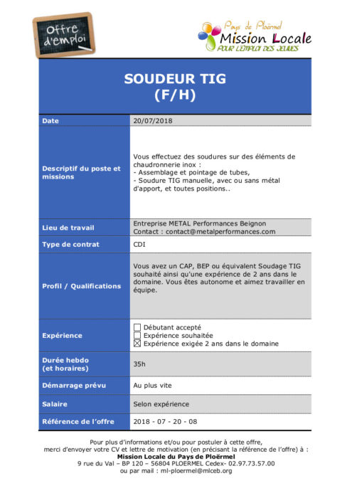 Pays de Ploërmel. Les offres d'emploi de la Mission Locale 