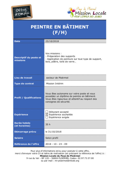 Pays de Ploërmel. Les offres d'emploi de la Mission Locale 