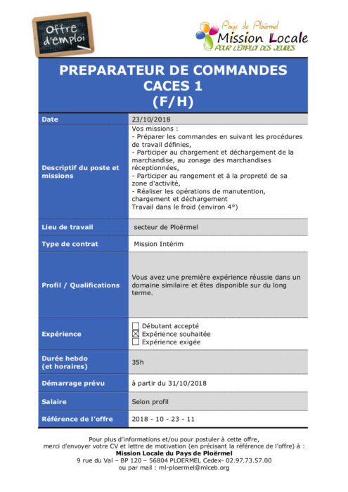 Pays de Ploërmel. Les offres d'emploi de la Mission Locale 