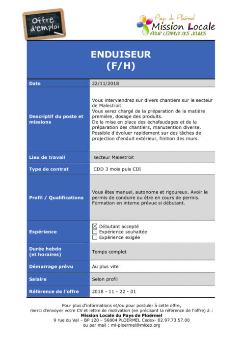 Pays de Ploërmel. Les offres d'emploi de la mission locale 