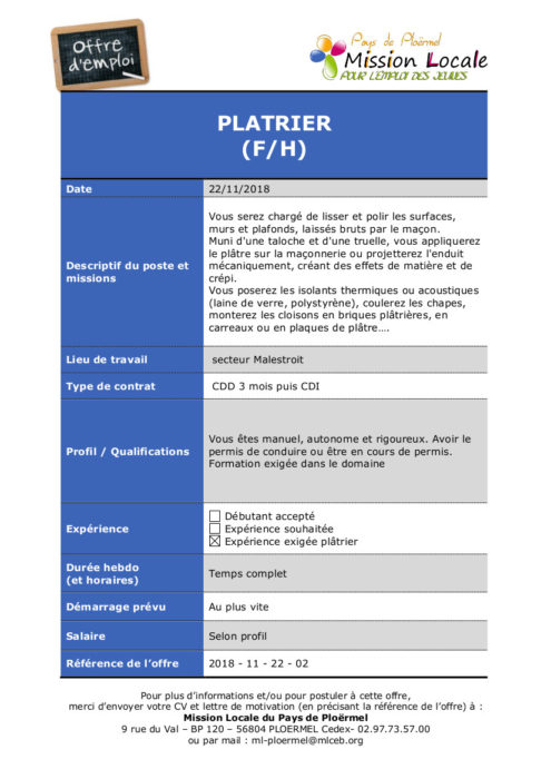 Pays de Ploërmel. Les offres d'emploi de la mission locale 