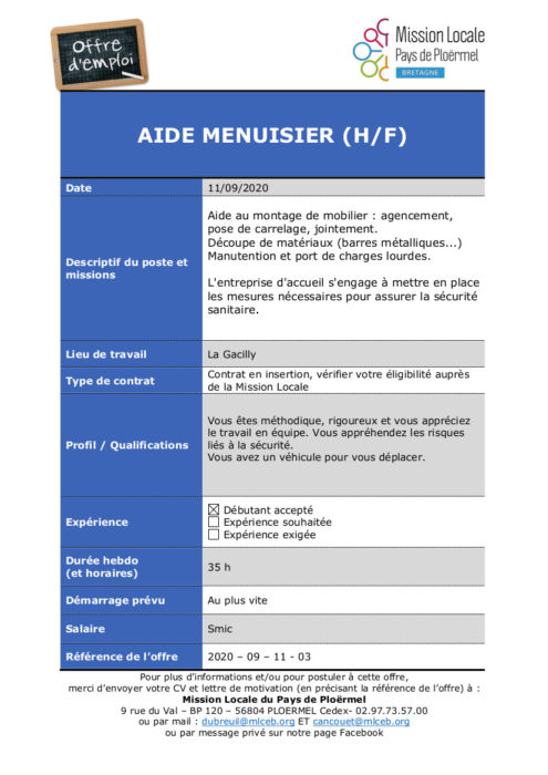 Pays de Ploërmel. Les offres d'emploi de la Mission locale 